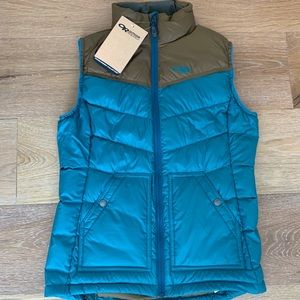 blue and brown puffy vest